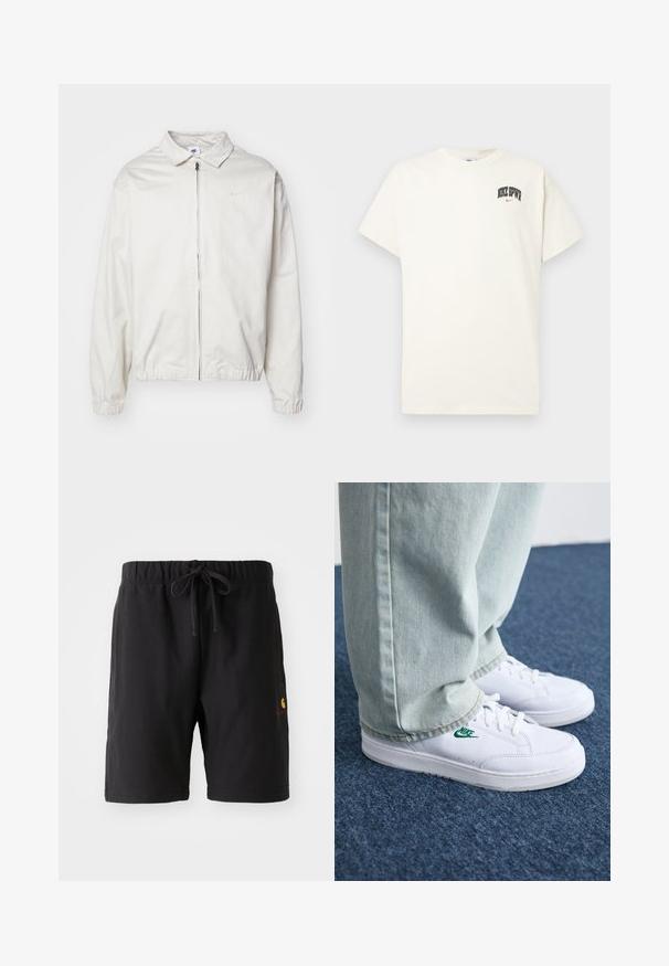 White, lightweight Nike jacket with a collared neckline, front zipper, elastic cuffs, and a small logo on the left chest. Smooth texture.; Cream-colored cotton t-shirt with short sleeves, featuring "NIKE SB" in black and red text on the chest. Standard round neckline.; Black shorts with an elastic waistband and drawstring. Features a side pocket and a small logo in red and yellow on the lower left side.; White leather sneakers with green Nike logo, round toe, flat sole, paired with light blue denim pants, shown on a blue carpet.