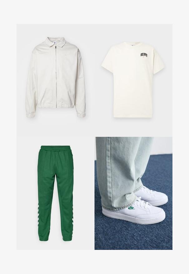 White, lightweight Nike jacket with a collared neckline, front zipper, elastic cuffs, and a small logo on the left chest. Smooth texture.; Cream-colored cotton t-shirt with short sleeves, featuring "NIKE SB" in black and red text on the chest. Standard round neckline.; Green athletic pants with an elastic waistband, side pockets, and white angled stripes on the lower sides. Smooth fabric texture.; White leather sneakers with green Nike logo, round toe, flat sole, paired with light blue denim pants, shown on a blue carpet.