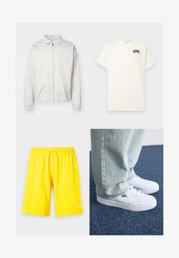 Casaco Nike branco e leve, com gola, fecho frontal, punhos elásticos e um pequeno logótipo no lado esquerdo do peito. Textura suave.; T-shirt de algodão na cor creme com mangas curtas, apresentando "NIKE SB" em texto preto e vermelho no peito. Gola redonda padrão.; Calções atléticos amarelos com uma cintura elástica, cordão e um pequeno logótipo branco no canto inferior esquerdo. Tecido suave e misto.; Tênis de couro brancos com logo verde da Nike, bico redondo, sola plana, combinados com calças de denim azul claro, exibidos sobre um tapete azul.