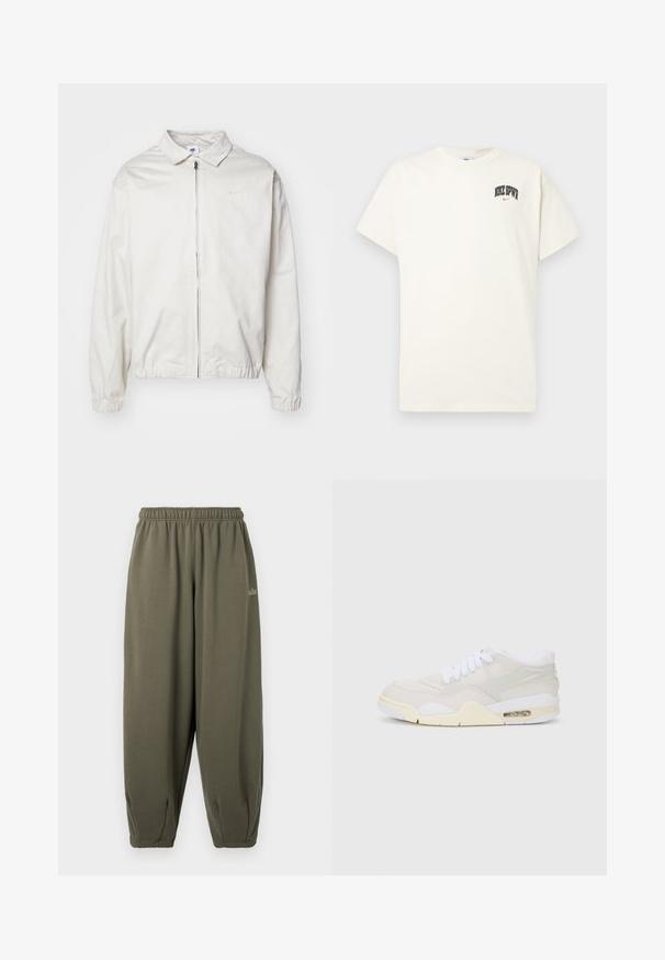 White, lightweight Nike jacket with a collared neckline, front zipper, elastic cuffs, and a small logo on the left chest. Smooth texture.; Cream-colored cotton t-shirt with short sleeves, featuring "NIKE SB" in black and red text on the chest. Standard round neckline.; Gray-green sweatpants with an elastic waistband and cuffs. Features minimal branding in matching thread on the side. Soft texture.; Sneakers with a light beige synthetic upper, white laces, and visible cushioning. Features a smooth sole and subtle side accents.
