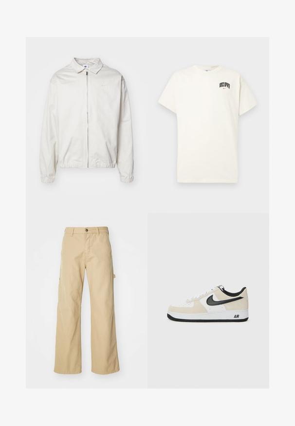 Balta, lengva Nike striukė su apykakle, priekiniais užtrauktuku, elastingomis rankogaliais ir maža logotipu kairiajame krūtinės kampe. Lygus paviršius.; Kremo spalvos medvilninis marškinėlis trumpomis rankovėmis, su "NIKE SB" juodu ir raudonu tekstu ant krūtinės. Standartinė apvali iškirptė.; Šviesiai rudos plačių kojų kargo kelnės su sagos užsegimu, turinčios šonines kišenes, pagamintos iš tvirto medvilnės audinio, lygia tekstūra ir tiesiu kirpimu.; Batai sportui su šviesiai rudos suku ir baltos odos viršutinė dalimi, juodom Nike swoosh detalėm, juodais akcentais ir balta gumine padanga su "AIR" ženklu.