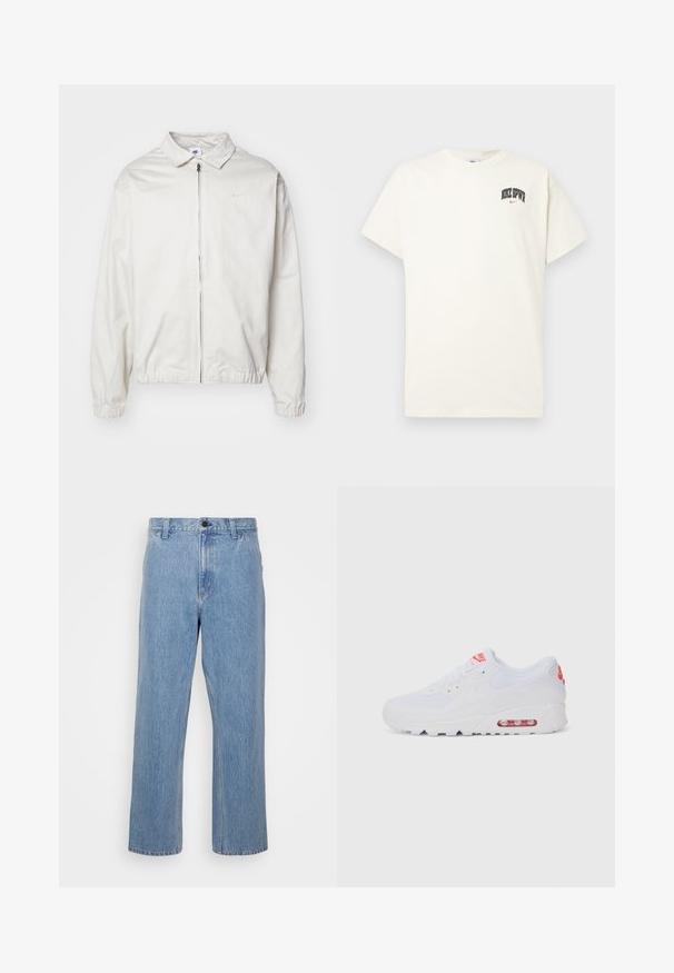 Biała, lekka kurtka Nike z kołnierzykiem, zamek błyskawiczny z przodu, elastycznymi mankietami oraz małym logo na lewej piersi. Gładka faktura.; Beżowa bawełniana koszulka z krótkim rękawem, z napisem "NIKE SB" w czarnym i czerwonym kolorze na klatce piersiowej. Klasyczny okrągły dekolt.; Jasnoniebieskie dżinsy o prostym kroju nogawki, z zapięciem na guzik i szlufkami na pasek. Materiał ma delikatnie wyblakłą strukturę.; Białe sportowe sneakersy z gładką cholewką, sznurowaniem, wyściełaną podeszwą i widoczną jednostką powietrzną z czerwonymi akcentami na oznaczeniach.