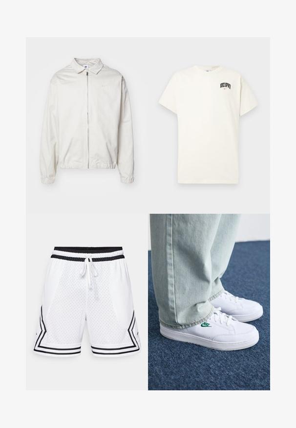 Fehér, könnyű Nike dzseki, galléros nyakkal, elöl cipzárral, elasztikus mandzsettákkal és kis logóval a bal melle részén. Simaszerű textúra.; Krém színű pamut póló rövid ujjakkal, fekete és piros "NIKE SB" felirattal a mellkasán. Standard kerek nyakkivágással.; Fehér sportnadrág perforált anyagból. Fekete elasztikus derékpánttal és zsinórral, valamint fekete oldalsávokkal, amelyek csepp alakú mintázatot formáznak.; Fehér bőr sportcipők zöld Nike logóval, kerek orral, lapos talppal, világoskék farmernadrággal párosítva, kék szőnyegen bemutatva.