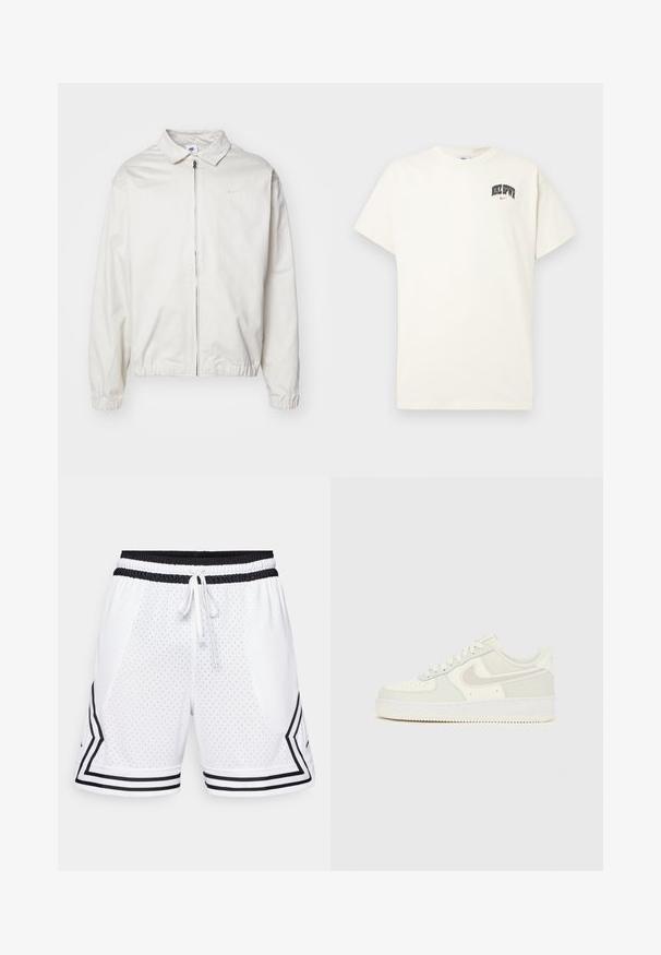 Bijela, lagana Nike jakna s ovratnikom, prednjim patentnim zatvaračem, elastičnim rukavima i malim logom na lijevoj strani prsa. Glatka tekstura.; Pamučni majica boje kreme s kratkim rukavima, na prsima ima natpis "NIKE SB" u crnoj i crvenoj boji. Standardni okrugli izrez.; Bijele atletske kratke hlače izrađene od perforiranog materijala. Imaju crni elastični pojas s vezicom i crne bočne pruge u uzorku chevron.; Bijele Nike Air Force 1 tenisice s gornjim dijelom od glatke kože, svijetlosivim naglascima, perforacijama na prstu i teksturiranim gumenim potplatom.