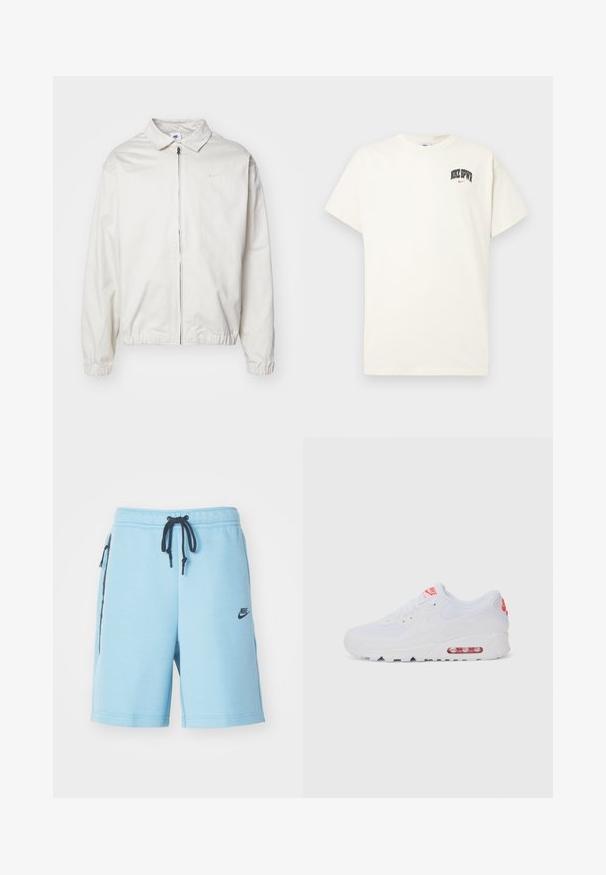 Balta, viegla Nike jaka ar apkakles kaklu, priekšējo rāvējslēdzēju, elastīgām piedurknēm un mazu logotipu kreisajā krūtī. Gluda tekstūra.; Kremkrāsas kokvilnas T-krekls ar īsām piedurknēm, ar uzrakstu "NIKE SB" melnā un sarkanā krāsā uz krūtīm. Standarta apaļa apkakle.; Nike Sportswear SPORTSWEAR TECH FLEECE - Treniņtērpa apakšdaļas - denim turq/black; Baltas sporta apavi ar gludu augšdaļu, saitēm, mīkstu zoli un redzamu gaisa vienību ar sarkaniem akcentiem uz zīmola.