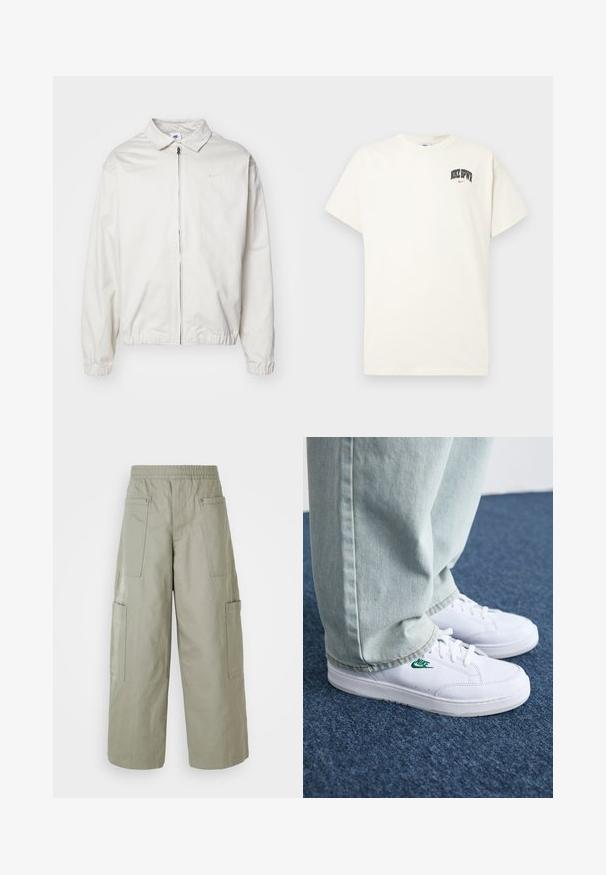 Casaco Nike branco e leve, com gola, fecho frontal, punhos elásticos e um pequeno logótipo no lado esquerdo do peito. Textura suave.; T-shirt de algodão na cor creme com mangas curtas, apresentando "NIKE SB" em texto preto e vermelho no peito. Gola redonda padrão.; Calças cargo largas de cor verde oliva com um cós elástico, múltiplos bolsos e uma textura suave. Largura ajustável na bainha.; Tênis de couro brancos com logo verde da Nike, bico redondo, sola plana, combinados com calças de denim azul claro, exibidos sobre um tapete azul.