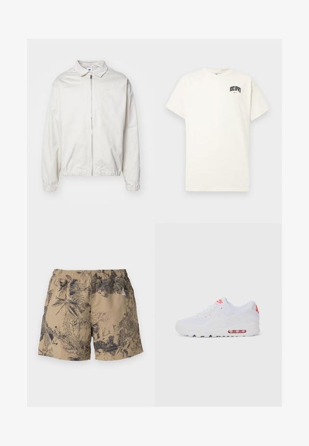 Biela, ľahká bunda Nike s golierom, predným zipsom, elastickými manžetami a malým logom na ľavej strane hrudníka. Hladká textúra.; Krémová bavlnená tričko s krátkymi rukávmi, s nápisom "NIKE SB" v čiernej a červenej farbe na hrudi. Štandardný okrúhly výstrih.; Béžové šortky s čiernym prírodným vzorom, vybavené elastickým pásom a šnúrkou na stiahnutie. Vyrobené z ľahkého materiálu, vhodné na každodenné nosenie.; Biele športové tenisky s hladkým zvrškom, šnurovaním, polstrovanou podrážkou a viditeľnou vzduchovou jednotkou s červenými akcentmi na značení.