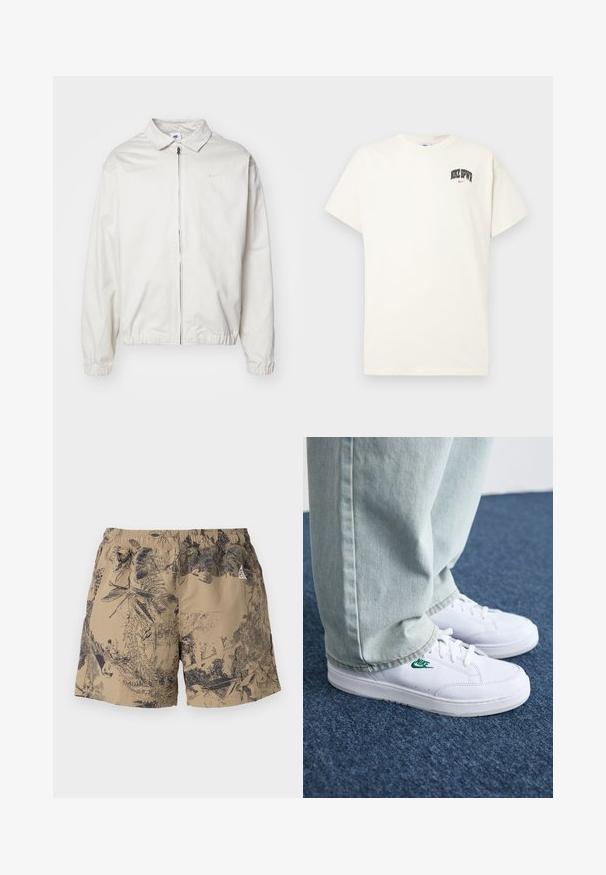 Bela, lahka Nike jakna z ovratnikom, sprednjim zadrgo, elastičnimi manšetami in majhnim logotipom na levem prsnem delu. Gladka tekstura.; Kremasta bombažna majica s kratkimi rokavi, z natisnjenim napisom "NIKE SB" v črni in rdeči barvi na prsih. Standardni okrogli izrez.; Bež kratke hlače s črnim naravnim vzorcem, ki imajo elastičen pas in vezalko. Narejene so iz lahkega materiala, primerne za vsakodnevno nošenje.; Bela usnjena športna obutev z zelenim Nike logotipom, okrogla konica, ravna podplat, v kombinaciji z svetlo modrimi kavbojkami, prikazana na modrem preprogu.