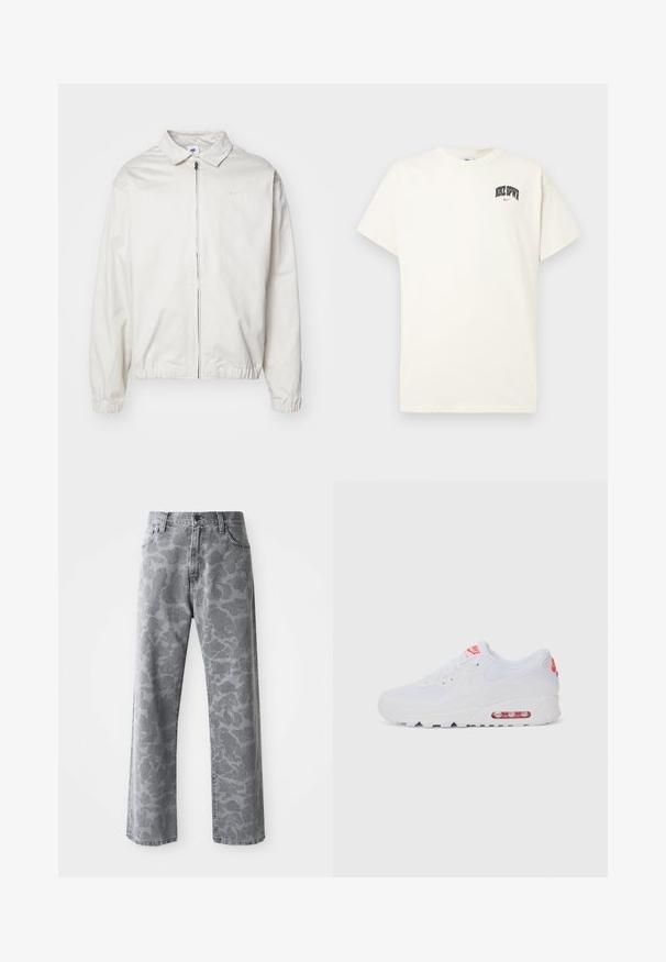 White, lightweight Nike jacket with a collared neckline, front zipper, elastic cuffs, and a small logo on the left chest. Smooth texture.; Cream-colored cotton t-shirt with short sleeves, featuring "NIKE SB" in black and red text on the chest. Standard round neckline.; Gray denim jeans featuring a camouflage pattern, straight leg design, five pockets, and a button-fly closure.; White athletic sneaker featuring a smooth upper, lace closure, cushioned sole, and a visible air unit with red accents on the branding.