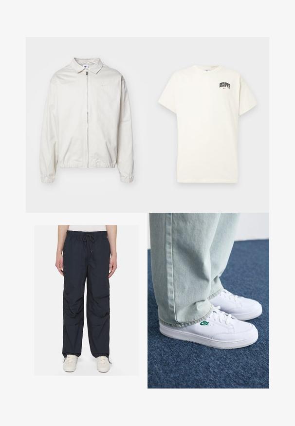 Biała, lekka kurtka Nike z kołnierzykiem, zamek błyskawiczny z przodu, elastycznymi mankietami oraz małym logo na lewej piersi. Gładka faktura.; Beżowa bawełniana koszulka z krótkim rękawem, z napisem "NIKE SB" w czarnym i czerwonym kolorze na klatce piersiowej. Klasyczny okrągły dekolt.; Granatowe spodnie z tasiemką wykonane z lekkiego materiału, z dwoma przednimi kieszeniami i luźnym krojem o pogniecionej fakturze.; Białe skórzane sneakersy z zielonym logo Nike, okrągły czubek, płaska podeszwa, zestawione z jasnoniebieskimi dżinsami, pokazane na niebieskim dywanie.