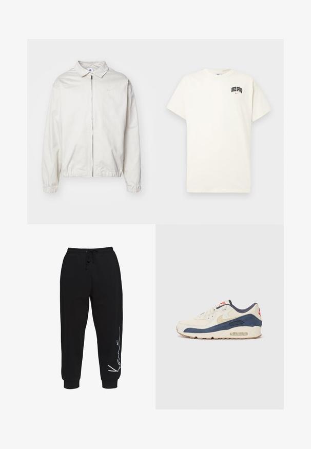 Hvid, letvægts Nike-jakke med kravehals, lynlås foran, elastiske ærmer og et lille logo på venstre bryst. Glat tekstur.; Cremefarvet bomulds t-shirt med korte ærmer, der har "NIKE SB" i sort og rød tekst på brystet. Standard rund halsudskæring.; Sorte svedbukser lavet af bomuld, med elastisk talje og snor, tilspidsede ben og et hvidt logo-design på venstre side.; Sneakers med en overdel i cremefarvet læder og marineblå ruskind, med en synlig luftsål, beige gummisål og røde detaljer på hælen.
