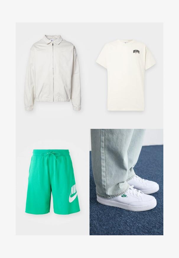 Casaco Nike branco e leve, com gola, fecho frontal, punhos elásticos e um pequeno logótipo no lado esquerdo do peito. Textura suave.; T-shirt de algodão na cor creme com mangas curtas, apresentando "NIKE SB" em texto preto e vermelho no peito. Gola redonda padrão.; Calções verdes de algodão com uma cintura elástica, cordão e um grande logótipo branco da Nike na coxa esquerda. Textura suave, corte até ao joelho.; Tênis de couro brancos com logo verde da Nike, bico redondo, sola plana, combinados com calças de denim azul claro, exibidos sobre um tapete azul.