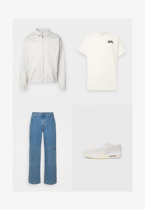 Balta, lengva Nike striukė su apykakle, priekiniais užtrauktuku, elastingomis rankogaliais ir maža logotipu kairiajame krūtinės kampe. Lygus paviršius.; Kremo spalvos medvilninis marškinėlis trumpomis rankovėmis, su "NIKE SB" juodu ir raudonu tekstu ant krūtinės. Standartinė apvali iškirptė.; Šviesiai mėlynos džinsinės kelnės su laisva pritaikymu, turinčios pačių siuvinėjimo skydus, viršutinį mygtuko uždarymą, penkių kišenių dizainą ir subtilų prekės ženklą ant kojos.; Batai sportiniai su šviesiai smėline sintetine apdaila, baltais raišteliais ir matoma amortizacija. Ypatybių sąraše – lygus padas ir subtilūs šoninės detalės.