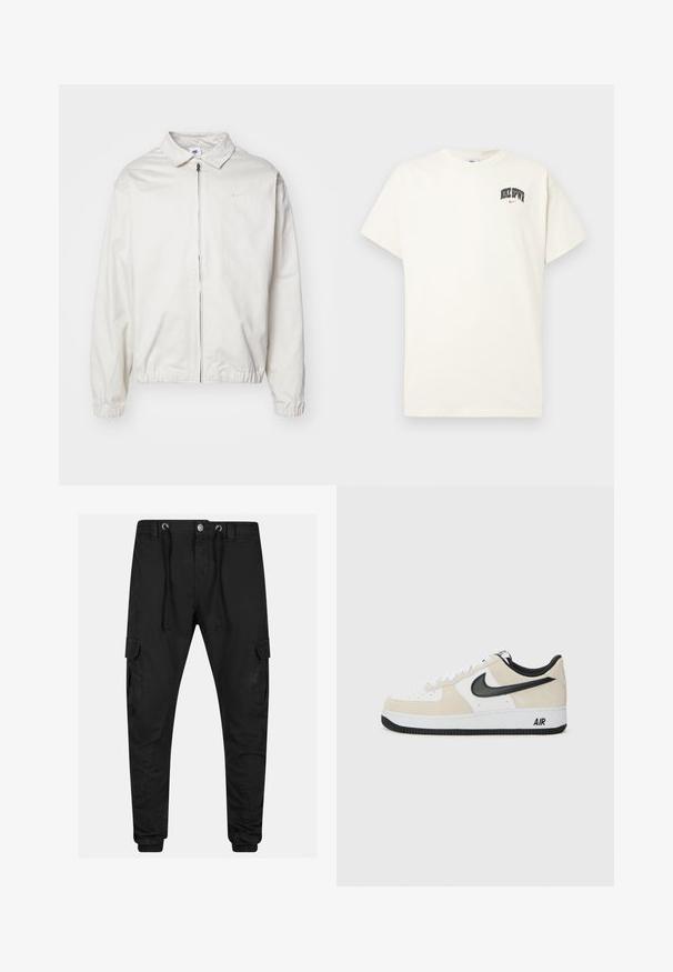 Bijela, lagana Nike jakna s ovratnikom, prednjim patentnim zatvaračem, elastičnim rukavima i malim logom na lijevoj strani prsa. Glatka tekstura.; Pamučni majica boje kreme s kratkim rukavima, na prsima ima natpis "NIKE SB" u crnoj i crvenoj boji. Standardni okrugli izrez.; Crne cargo hlače s elastičnim manžetama, strukom s vezicom i bočnim džepovima. Izrađene od izdržljivog materijala, s glatkom teksturom i minimalističkim dizajnom.; Tenisice sa svijetlosmešavom suedinom i bijelim kožnim gornjištem, crnim Nike swoosh-om, crnim detaljima i bijelom gumiranom potplatom s "AIR" brendingom.
