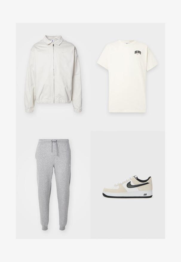 Bela, lahka Nike jakna z ovratnikom, sprednjim zadrgo, elastičnimi manšetami in majhnim logotipom na levem prsnem delu. Gladka tekstura.; Kremasta bombažna majica s kratkimi rokavi, z natisnjenim napisom "NIKE SB" v črni in rdeči barvi na prsih. Standardni okrogli izrez.; Sive hlače s prilagodljivim vrvico, zožavanjem nogavic in stranskimi žepi. Imajo majhen bel logotip na zgornjem stegnu.; Tenisice z svetlo bež semenom in belim usnjem, črnim Nike znak, črnimi detajli in belim gumijastim podplatom z oznako "AIR".