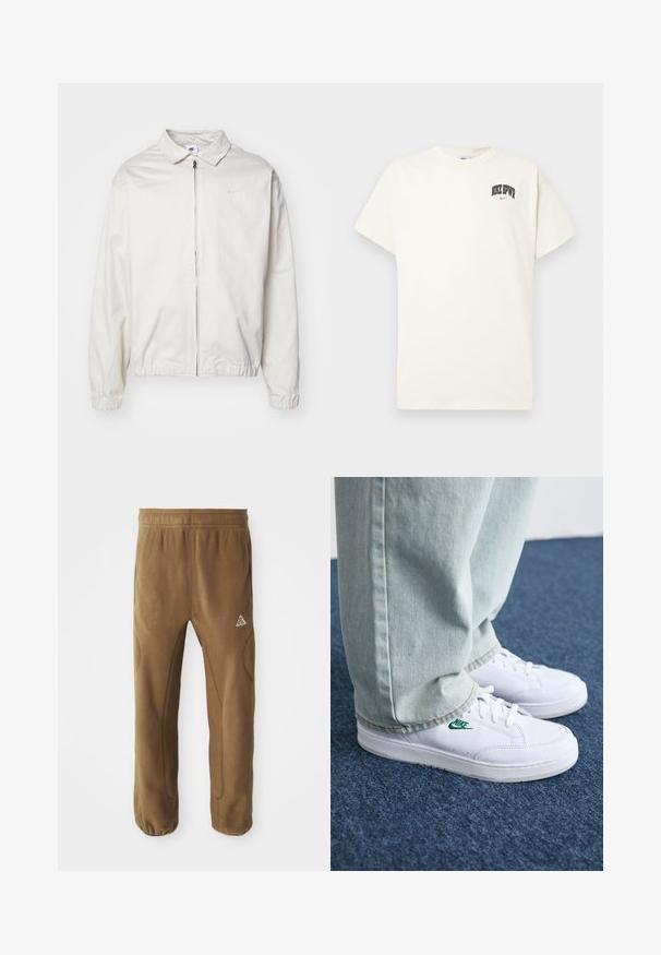 Bela, lahka Nike jakna z ovratnikom, sprednjim zadrgo, elastičnimi manšetami in majhnim logotipom na levem prsnem delu. Gladka tekstura.; Kremasta bombažna majica s kratkimi rokavi, z natisnjenim napisom "NIKE SB" v črni in rdeči barvi na prsih. Standardni okrogli izrez.; Rjave flis hlače s sproščenim fitom, ki imajo zoženo nogo, elastični pas in diskretne šive. Logo na sprednjem levem stegnu.; Bela usnjena športna obutev z zelenim Nike logotipom, okrogla konica, ravna podplat, v kombinaciji z svetlo modrimi kavbojkami, prikazana na modrem preprogu.