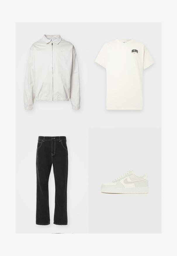 White, lightweight Nike jacket with a collared neckline, front zipper, elastic cuffs, and a small logo on the left chest. Smooth texture.; Cream-colored cotton t-shirt with short sleeves, featuring "NIKE SB" in black and red text on the chest. Standard round neckline.; Dickies HOUSTON - Straight leg jeans - black; White Nike Air Force 1 sneakers with a smooth leather upper, light gray accents, perforations on the toe, and a textured rubber sole.