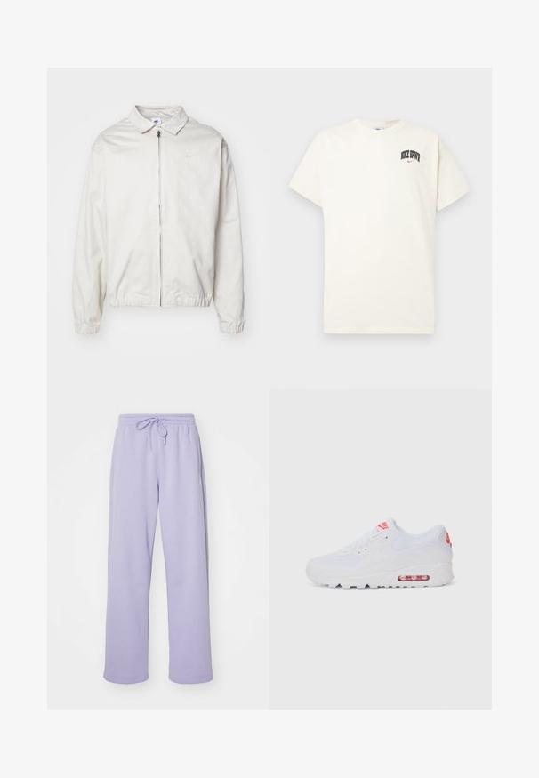 Jachetă Nike albă, ușoară, cu guler, fermoar frontal, manșete elastice și un logo mic pe pieptul stâng. Textură netedă.; T-shirt din bumbac de culoare crem, cu mâneci scurte, având inscripția "NIKE SB" în text negru și roșu pe piept. Guler standard, de formă rotundă.; Pantaloni de trening violeți cu talie elastică și șnur. Material moale, design cu picior drept și buzunare laterale. Textură netedă.; Adidașii albaștri de sport au o parte superioară netedă, sistem de închidere cu șireturi, talpă cu amortizare și o unitate de aer vizibilă cu accente roșii pe branding.