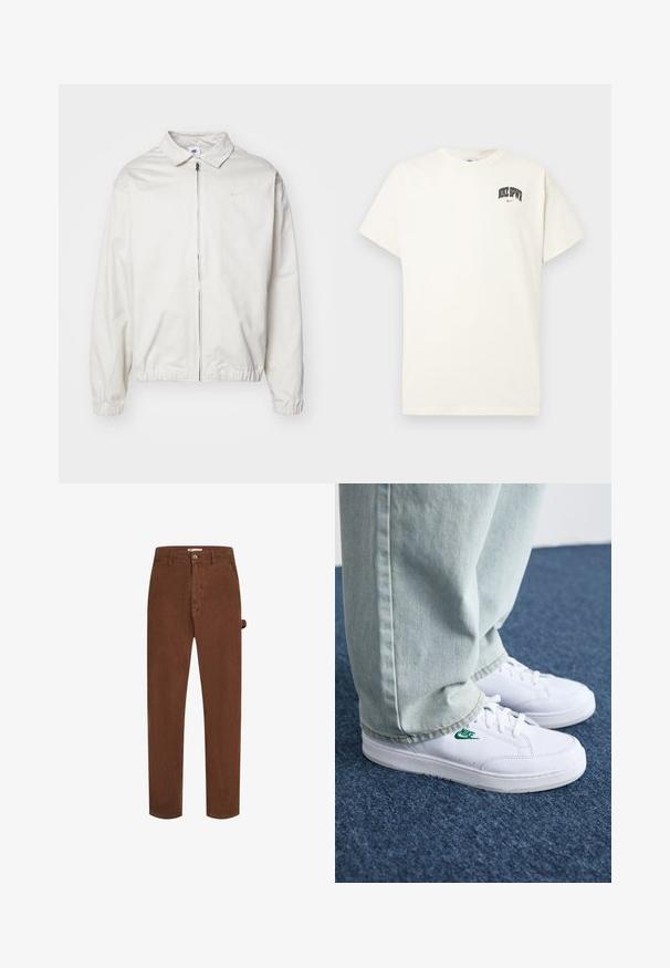 Valge, kerge Nike jakk, milles on krae, ees lukk, elastsed mansetid ja väike logo vasakul rinnal. Sile tekstuur.; Kreemivalge puuvillane t-särk lühikeste varrukatega, millel on rinnal musta ja punase tekstiga "NIKE SB". Tavaline ümmargune kaelus.; Pruunist korduroüst valmistatud sirge lõikega püksid, eesnupuga sulgemine ja ühe külje silmuse detail. Kanga pind on pehme ja tekstureeritud.; Valged nahast tennisetossud rohelise Nike logo ja ümarate varvastega, lamedate taldadega, koos helesiniste teksapükstega, esitatud sinisel vaibal.