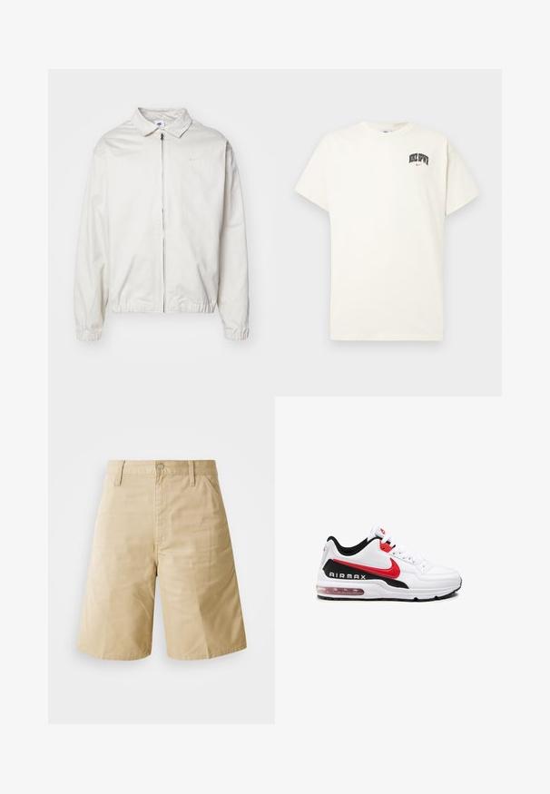 Chaqueta blanca y ligera de Nike con cuello tipo camisa, cremallera frontal, puños elásticos y un pequeño logotipo en el lado izquierdo del pecho. Textura suave.; Camiseta de algodón color crema con mangas cortas, que presenta "NIKE SB" en texto negro y rojo en el pecho. Cuello redondo estándar.; Pantalones cortos de algodón beige con un corte recto, que cuentan con un cierre de botón, cremallera y bolsillos laterales. Textura suave y detalle de pliegues en la parte delantera.; Zapatilla deportiva blanca con detalles en negro y rojo, que presenta un upper de cuero suave, parte frontal con cordones y una amortiguación de aire visible en la suela.