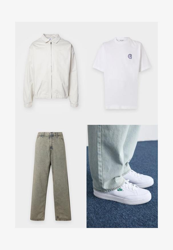 Vit, lättvikts Nike-jacka med krage, dragkedja framtill, elastiska ärmslut och en liten logotyp på vänster bröst. Slät textur.; Vitt bomullst-shirt med korta ärmar, rund halsringning och en liten, broderad blå "C"-logga på vänster bröst.; Breda denimjeans i en blekt grå färg, med knappgylf och traditionell femfickdesign med synliga sömnadsdetaljer.; Vita lädersneakers med grön Nike-logga, rund tå, platt sula, kombinerade med ljusblå denimbyxor, visade på en blå matta.