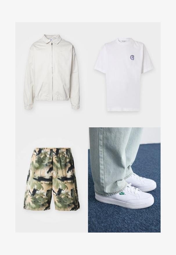 Fehér, könnyű Nike dzseki, galléros nyakkal, elöl cipzárral, elasztikus mandzsettákkal és kis logóval a bal melle részén. Simaszerű textúra.; Fehér pamut póló rövid ujjakkal, kerek nyakkivágással és egy kis, hímzett kék "C" logóval a bal mellrészen.; Férfi fürdőnadrág, könnyű és légáteresztő anyagból, trópusi pálma mintával zöld, fekete és bézs színekben. Rugalmas derékpánt tartozik hozzá.; Fehér bőr sportcipők zöld Nike logóval, kerek orral, lapos talppal, világoskék farmernadrággal párosítva, kék szőnyegen bemutatva.