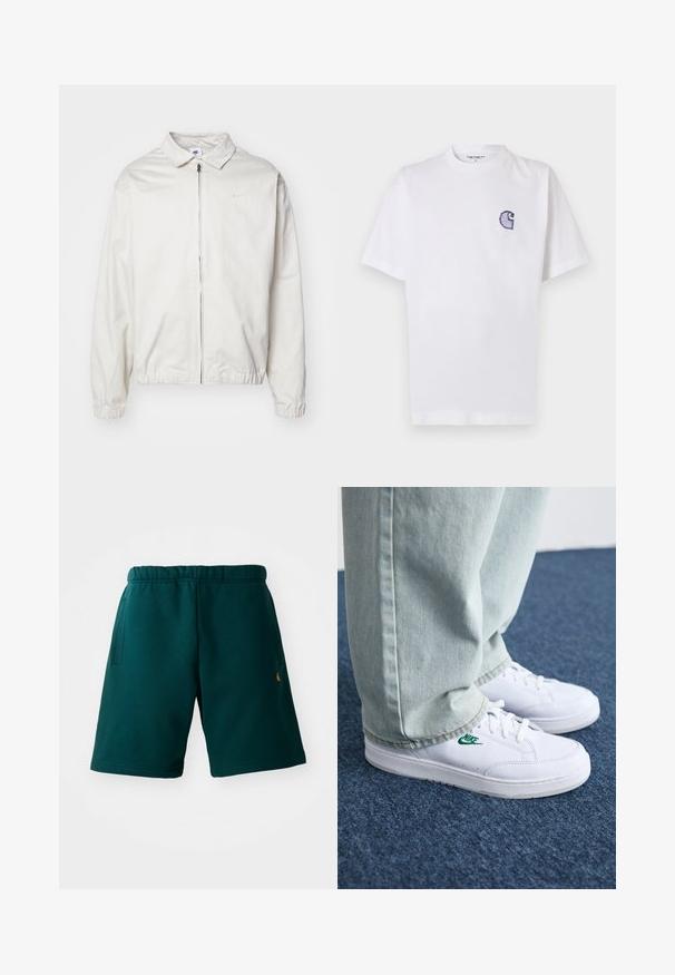 Valge, kerge Nike jakk, milles on krae, ees lukk, elastsed mansetid ja väike logo vasakul rinnal. Sile tekstuur.; Valge puuvillane t-särk lühikeste varrukatega, ümara kaelusega ja vasakul rinnal väike tikitud sinine "C" logo.; Tumedad rohelised puuvillased lühikesed püksid elastse vöökohaga, küljetaskud ja väike logo alumisel küljel. Sile tekstuur ja põlve pikkune disain.; Valged nahast tennisetossud rohelise Nike logo ja ümarate varvastega, lamedate taldadega, koos helesiniste teksapükstega, esitatud sinisel vaibal.