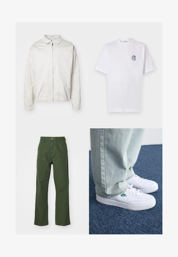 Valge, kerge Nike jakk, milles on krae, ees lukk, elastsed mansetid ja väike logo vasakul rinnal. Sile tekstuur.; Valge puuvillane t-särk lühikeste varrukatega, ümara kaelusega ja vasakul rinnal väike tikitud sinine "C" logo.; Roheline puuvillane püksid sirge lõikega, ees ja taga on taskud, kuldse tooni detailid ja tugevdatud põlvekatted.; Valged nahast tennisetossud rohelise Nike logo ja ümarate varvastega, lamedate taldadega, koos helesiniste teksapükstega, esitatud sinisel vaibal.