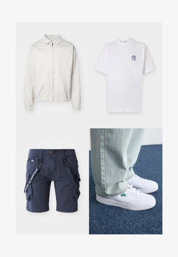 Fehér, könnyű Nike dzseki, galléros nyakkal, elöl cipzárral, elasztikus mandzsettákkal és kis logóval a bal melle részén. Simaszerű textúra.; Fehér pamut póló rövid ujjakkal, kerek nyakkivágással és egy kis, hímzett kék "C" logóval a bal mellrészen.; Tengerészkék vászontáska rövidnadrág, pamut keverék anyagból készült, több zsebbel, állítható pántokkal és szőtt címkével, amely szöveges díszítést tartalmaz.; Fehér bőr sportcipők zöld Nike logóval, kerek orral, lapos talppal, világoskék farmernadrággal párosítva, kék szőnyegen bemutatva.