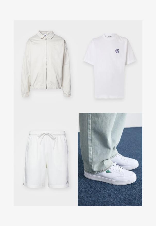 Casaco Nike branco e leve, com gola, fecho frontal, punhos elásticos e um pequeno logótipo no lado esquerdo do peito. Textura suave.; T-shirt branca de algodão com mangas curtas, decote redondo e um pequeno logotipo azul "C" bordado no lado esquerdo do peito.; Bermudas brancas em algodão com um cós elástico, cordão de ajuste e rachas laterais. Apresenta um pequeno logótipo preto na bainha esquerda.; Tênis de couro brancos com logo verde da Nike, bico redondo, sola plana, combinados com calças de denim azul claro, exibidos sobre um tapete azul.