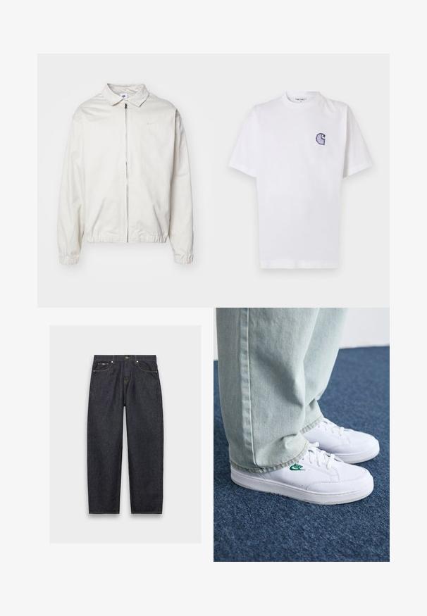 Vit, lättvikts Nike-jacka med krage, dragkedja framtill, elastiska ärmslut och en liten logotyp på vänster bröst. Slät textur.; Vitt bomullst-shirt med korta ärmar, rund halsringning och en liten, broderad blå "C"-logga på vänster bröst.; Mörkblå denimjeans med rak skärning, fem fickor och kontrasterande gula sömmar. Har en metallknappslutning och bältesloppar.; Vita lädersneakers med grön Nike-logga, rund tå, platt sula, kombinerade med ljusblå denimbyxor, visade på en blå matta.