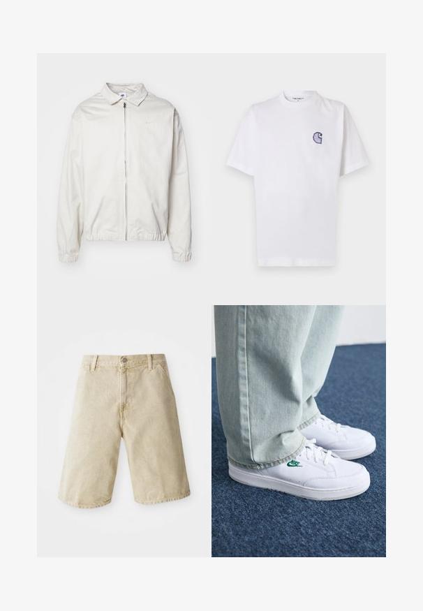 Witte, lichte Nike-jack met een kraag, een rits aan de voorkant, elastische manchetten en een klein logo op de linkerkant van de borst. Glad oppervlak.; Wit katoenen T-shirt met korte mouwen, ronde hals en een klein, geborduurd blauw "C"-logo op het linker borstgebied.; Beige denim shorts met een rechte snit, vijf zakken, sluiting met een knoop en rits aan de voorkant, en subtiele vervaging op de stof.; Witte leren sneakers met groen Nike-logo, ronde neus, platte zool, gedragen met lichtblauwe denim broek, weergegeven op een blauwe vloerkleed.