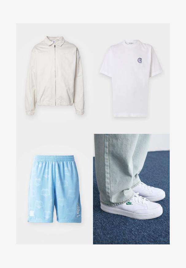 Valge, kerge Nike jakk, milles on krae, ees lukk, elastsed mansetid ja väike logo vasakul rinnal. Sile tekstuur.; Valge puuvillane t-särk lühikeste varrukatega, ümara kaelusega ja vasakul rinnal väike tikitud sinine "C" logo.; Heled sinised spordilühikesed püksid, mis on valmistatud siledast kangast, millel on peene muster, elastne vöökoht ja trükitud logo aktsendid ühel säärel.; Valged nahast tennisetossud rohelise Nike logo ja ümarate varvastega, lamedate taldadega, koos helesiniste teksapükstega, esitatud sinisel vaibal.