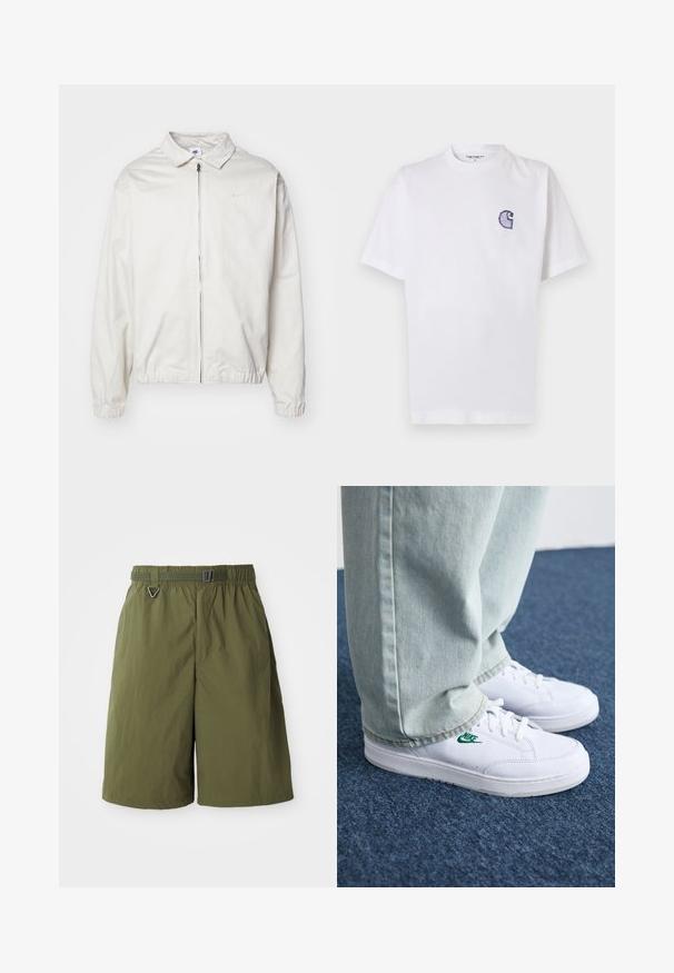 Balta, lengva Nike striukė su apykakle, priekiniais užtrauktuku, elastingomis rankogaliais ir maža logotipu kairiajame krūtinės kampe. Lygus paviršius.; Baltas medvilninis marškinėlis trumpomis rankovėmis, apvalia iškirpte ir mažu siuvinėtu mėlynu „C“ logotipu kairėje krūtinės pusėje.; Žalios nailoninės šortai su elastinga juosta ir reguliuojamu diržu. Pasižymi saugiu metaliniu D-žiedu ir lygia tekstūra.; Balti odiniai sportbačiai su žaliu Nike logotipu, apvalia nosimi, plokščiu padu, derinami su šviesiai mėlynomis džinsinėmis kelnėmis, rodomi ant mėlynos kiliminės dangos.