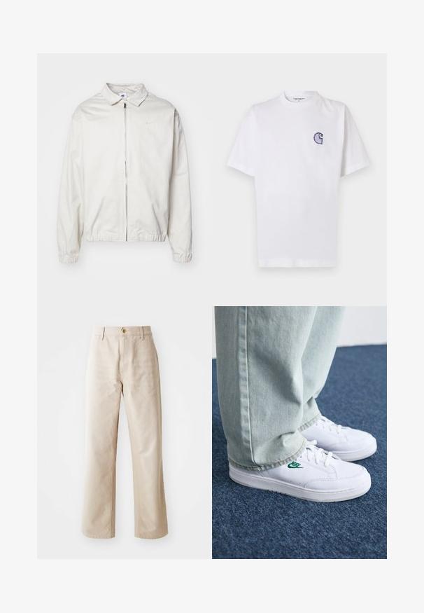White, lightweight Nike jacket with a collared neckline, front zipper, elastic cuffs, and a small logo on the left chest. Smooth texture.; White cotton t-shirt with short sleeves, round neckline, and a small, embroidered blue "C" logo on the left chest area.; Beige cotton wide-leg trousers with a smooth texture, front button closure, belt loops, and two side pockets.; White leather sneakers with green Nike logo, round toe, flat sole, paired with light blue denim pants, shown on a blue carpet.