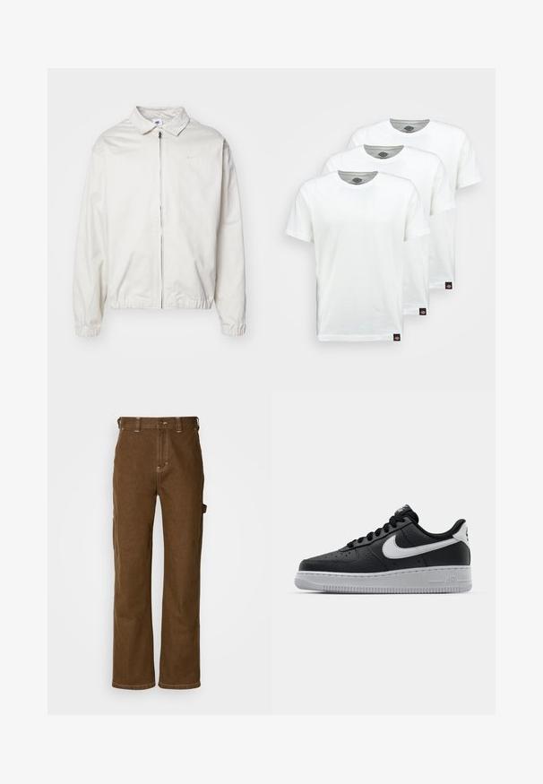 Balta, lengva Nike striukė su apykakle, priekiniais užtrauktuku, elastingomis rankogaliais ir maža logotipu kairiajame krūtinės kampe. Lygus paviršius.; Trys paprasti balti medvilniniai marškiniai trumpomis rankovėmis. Kiekvienas marškinys turi apvalų kaklo iškirpimą ir mažą juodą logotipo etiketę kairėje pusėje.; Dickies STEVENSVILLE - Dailidės stiliaus džinsai - mushroom; Juoda odinė sportinė avalynė su tekstūruota danga, balta Nike swoosh, pilkas padas, apvalus nosis ir raištelių užsegimas. Yra perforacijos ant nosies.