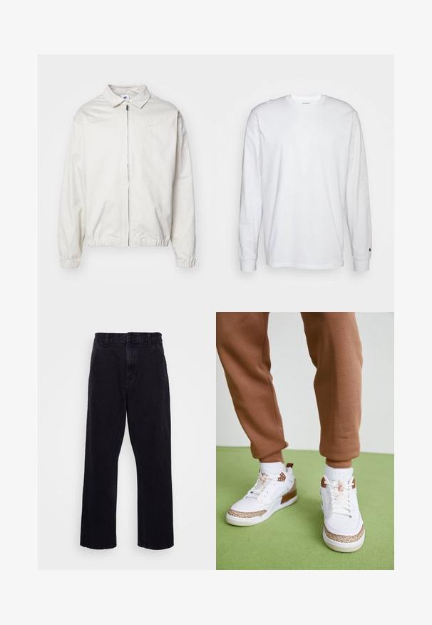 Biała, lekka kurtka Nike z kołnierzykiem, zamek błyskawiczny z przodu, elastycznymi mankietami oraz małym logo na lewej piersi. Gładka faktura.; Biała, długospełna koszulka wykonana z bawełny. Klasyczny krój z okrągłym dekoltem, ściągaczami na rękawach oraz małym logiem na lewym rękawie. Gładka tekstura.; Czarne dżinsowe spodnie o prostym kroju, z zapięciem na guzik i zamek błyskawiczny, szlufkami na pasek oraz minimalnymi detalami w szwach.; Białe wysokie trampki z brązowymi akcentami i wzorzystą podeszwą środkową, w połączeniu z dopasowanymi brązowymi dresami na zielonej powierzchni.