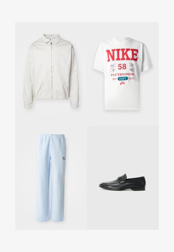 Balta, viegla Nike jaka ar apkakles kaklu, priekšējo rāvējslēdzēju, elastīgām piedurknēm un mazu logotipu kreisajā krūtī. Gluda tekstūra.; Balts kokvilnas T-krekls ar drosmīgu sarkano un zilo grafisko tekstu: "NIKE 58 EST 2002 SKATEBOARDING JUST DEPT. DO IT" un logotipa detaļām.; Gaiši zili treniņbikses ar elastīgu jostasvietu, uz kurām ir neliels sarkans Nike logo un teksts "Sporta nodaļa". Mīksts kokvilnas audums.; Melni ādas loafers ar noapaļotu purngalu, izšūšanas detaļām, plašu joslu pār vampu un zemu, plakanu papēdi. Gluda virsma.
