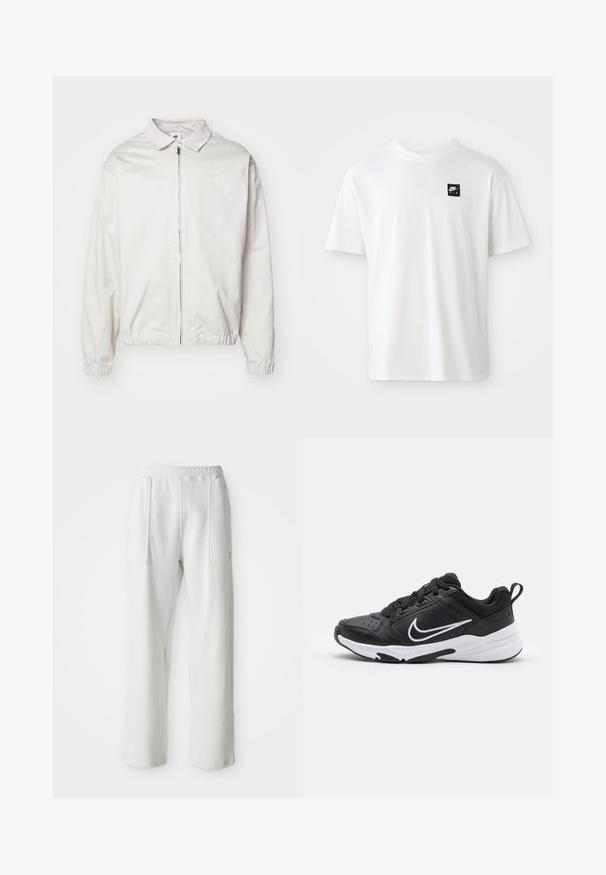 Bela, lahka Nike jakna z ovratnikom, sprednjim zadrgo, elastičnimi manšetami in majhnim logotipom na levem prsnem delu. Gladka tekstura.; Bela bomba iz 100% bombaža s kratkimi rokavi in okroglim izrezom; na levem prsnem delu ima majhen črn pravokotni logotip Nike Air.; Bele udobne hlače z elastiko v pasu in velikima sprednjima žepoma, prikazane na enostavni svetli podlagi.; Črne športne čevlje z usnjenim in tekstilnim zgornjim delom, belim podnožjem, črnim podplatom, oblazinjenim okvirom, vezalkami in belim logotipom kot poudarkom.