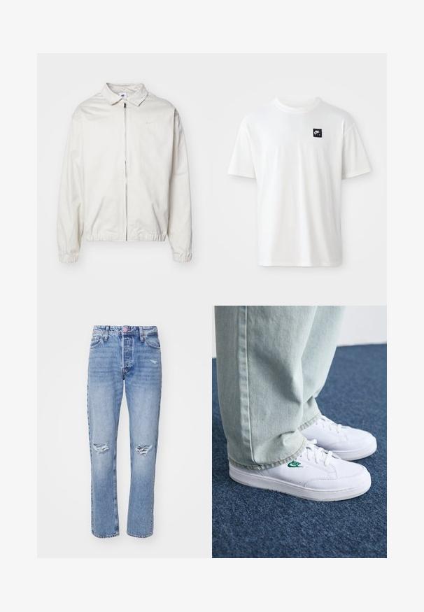 Valge, kerge Nike jakk, milles on krae, ees lukk, elastsed mansetid ja väike logo vasakul rinnal. Sile tekstuur.; Valge puuvillane T-särk lühikeste varrukatega ja ümar kaelus; vasakul rinnaosal on väike must ristkülikukujuline Nike Air logo.; Heledad sinine teksapüksid sirge lõikega, millel on reie piirkonnas rebenenud detailid ja nup closures. Klassikaline viie tasku disain.; Valged nahast tennisetossud rohelise Nike logo ja ümarate varvastega, lamedate taldadega, koos helesiniste teksapükstega, esitatud sinisel vaibal.