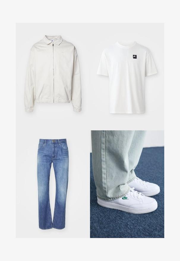 White, lightweight Nike jacket with a collared neckline, front zipper, elastic cuffs, and a small logo on the left chest. Smooth texture.; White cotton t-shirt with short sleeves and a crew neck; features a small black rectangular Nike Air logo on the left chest.; Light blue denim jeans with a straight leg cut, featuring a slight fade, five pockets, and a button closure at the waistband.; White leather sneakers with green Nike logo, round toe, flat sole, paired with light blue denim pants, shown on a blue carpet.