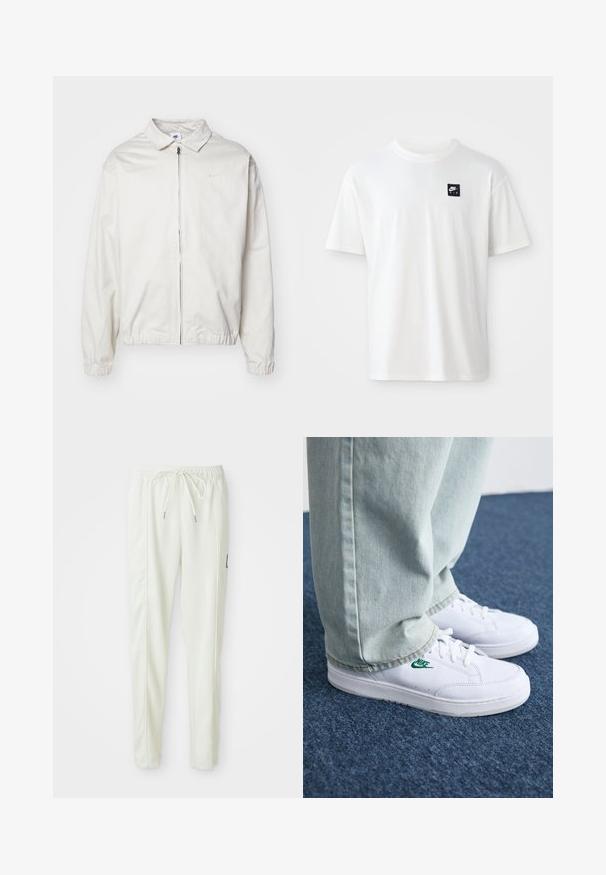 White, lightweight Nike jacket with a collared neckline, front zipper, elastic cuffs, and a small logo on the left chest. Smooth texture.; White cotton t-shirt with short sleeves and a crew neck; features a small black rectangular Nike Air logo on the left chest.; White slim-fit jogger pants with elastic waistband and drawstring, featuring side seam detailing and a small black patch on the right leg.; White leather sneakers with green Nike logo, round toe, flat sole, paired with light blue denim pants, shown on a blue carpet.