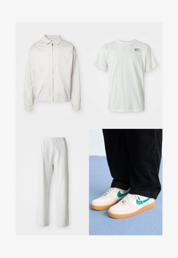 Balta, viegla Nike jaka ar apkakles kaklu, priekšējo rāvējslēdzēju, elastīgām piedurknēm un mazu logotipu kreisajā krūtī. Gluda tekstūra.; Balts kokvilnas T-krekls ar īsām piedurknēm, ar tumši zilu Nike zīmolu izšūtu kreisajā krūtī. Standarta apaļās kakla dizains.; Baltas ikdienas bikses ar elastīgu jostu un lieliem priekšējiem kabatām, attēlotas uz vienkārša gaiša fona.; Baltas sporta apavi ar zaļu Nike zīmi, strukturētu gumijas zoli un perforētu pirkstu daļu, valkāti ar melniem kordūru biksēm uz zila fona.