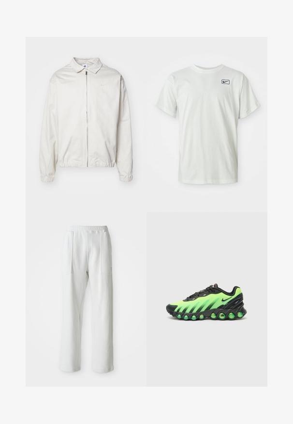 Balta, viegla Nike jaka ar apkakles kaklu, priekšējo rāvējslēdzēju, elastīgām piedurknēm un mazu logotipu kreisajā krūtī. Gluda tekstūra.; Balta kokvilnas t-krekls ar īsām piedurknēm, uz kreisās krūšu daļas melns Nike logotips. Apaļš kakla izgriezums, gluda tekstūra.; Baltas ikdienas bikses ar elastīgu jostu un lieliem priekšējiem kabatām, attēlotas uz vienkārša gaiša fona.; Nike apavi ar elegantu dizainu, melnā un dzīvīgā zaļā krāsu kombinācijā, ar teksturētu virsu un unikālu mīkstinātu zoli ar zaļiem akcentiem.
