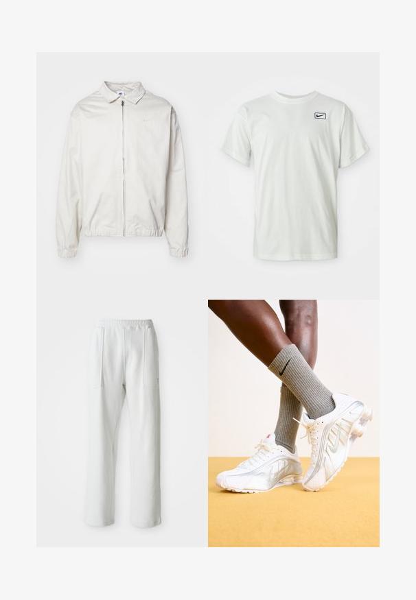 Balta, viegla Nike jaka ar apkakles kaklu, priekšējo rāvējslēdzēju, elastīgām piedurknēm un mazu logotipu kreisajā krūtī. Gluda tekstūra.; Balta kokvilnas t-krekls ar īsām piedurknēm, uz kreisās krūšu daļas melns Nike logotips. Apaļš kakla izgriezums, gluda tekstūra.; Baltas ikdienas bikses ar elastīgu jostu un lieliem priekšējiem kabatām, attēlotas uz vienkārša gaiša fona.; Balti Nike sporta apavi ar sudraba akcentiem, ar teksturētām paneļiem un caurumiem. Apvienoti ar pelēkiem rāvējslēdzējs zeķēm, uz dzeltena fona.