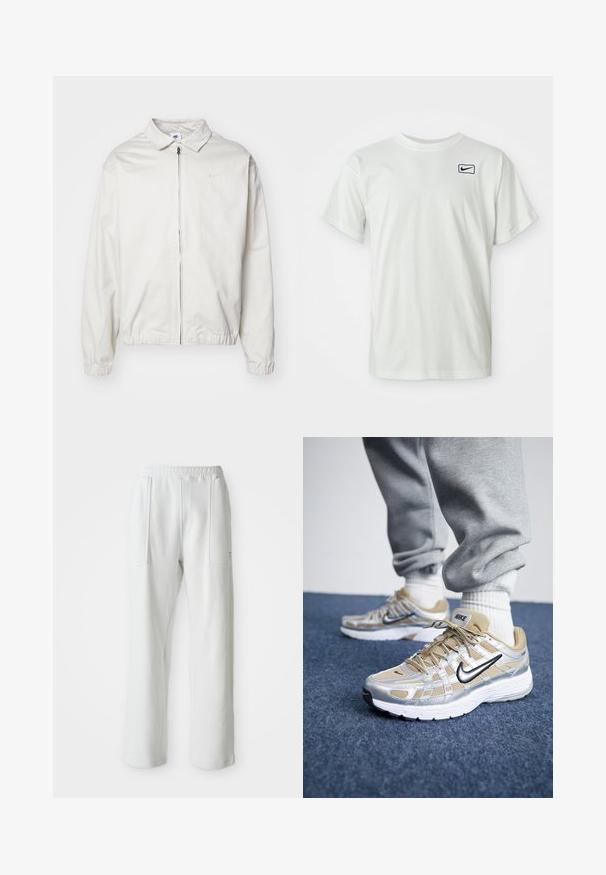 Bela, lahka Nike jakna z ovratnikom, sprednjim zadrgo, elastičnimi manšetami in majhnim logotipom na levem prsnem delu. Gladka tekstura.; Bela bombažna majica s kratkimi rokavi, z izvezenim mornarsko modrim Nike logotipom na levem prsnem delu. Standardna zasnova kroga okoli vratu.; Bele udobne hlače z elastiko v pasu in velikima sprednjima žepoma, prikazane na enostavni svetli podlagi.; Nike tekaški čevlji z bež in srebrnim mrežastim zgornjim delom, belim podplatom in črnim Swooshom. Imajo vezalke in teksturirane detajle za podporo.