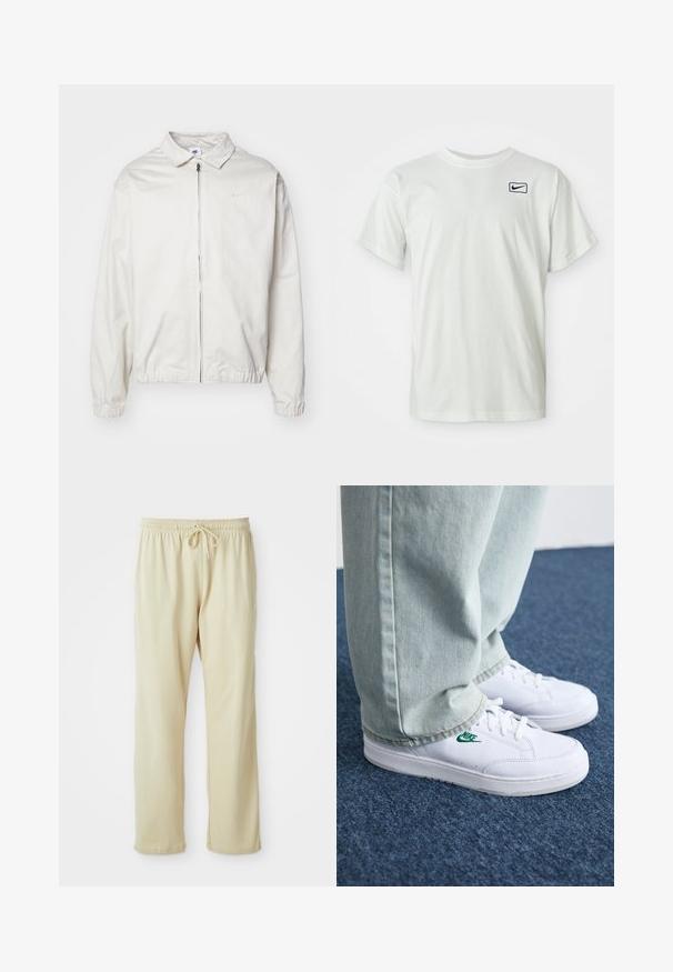 Casaco Nike branco e leve, com gola, fecho frontal, punhos elásticos e um pequeno logótipo no lado esquerdo do peito. Textura suave.; T-shirt branca de algodão com manga curta, apresentando o logótipo preto da Nike na zona do peito esquerdo. Design com gola redonda, textura suave.; Calças de fato de treino bege claro com cintura elástica ajustável, pernas ajustadas e uma textura suave. Apresenta um discreto logotipo da marca na parte inferior da perna.; Tênis de couro brancos com logo verde da Nike, bico redondo, sola plana, combinados com calças de denim azul claro, exibidos sobre um tapete azul.