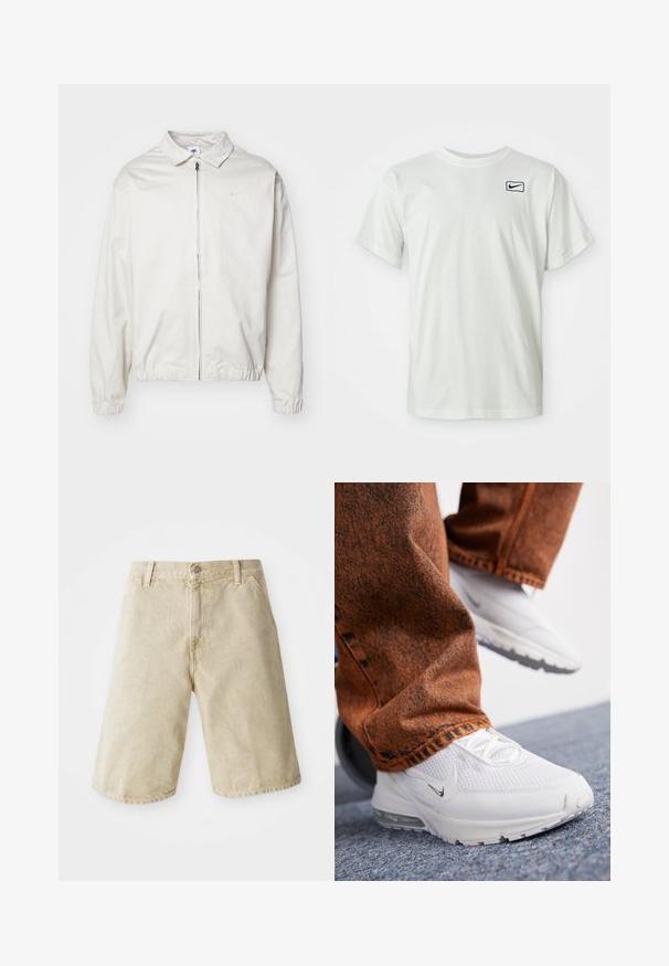 Veste Nike blanche et légère avec un col, fermeture éclair à l'avant, poignets élastiques et un petit logo sur la poitrine gauche. Texture lisse.; T-shirt en coton blanc à manches courtes, présentant un logo Nike bleu marine brodé sur la poitrine gauche. Design standard à col rond.; Shorts en denim beige avec une coupe droite, cinq poches, fermeture à bouton et zip à l'avant, et un léger délavage sur le tissu.; Nike Sportswear PULSE - Baskets basses - white/summit white
