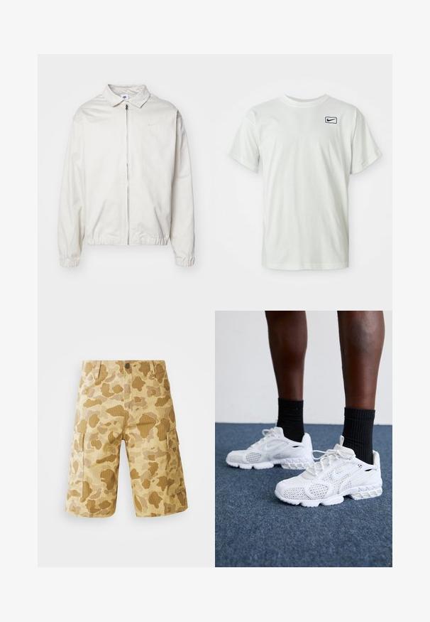 Veste Nike blanche et légère avec un col, fermeture éclair à l'avant, poignets élastiques et un petit logo sur la poitrine gauche. Texture lisse.; T-shirt en coton blanc à manches courtes, présentant un logo Nike bleu marine brodé sur la poitrine gauche. Design standard à col rond.; Shorts cargo beiges avec un motif camouflage dans des nuances de brun, présentant des poches latérales, une taille à boutons et une texture à côtes verticales.; Baskets de sport blanches avec dessus en maille, accents texturés et semelle rembourrée. Associées à des chaussettes côtelées noires sur une surface en moquette bleue.