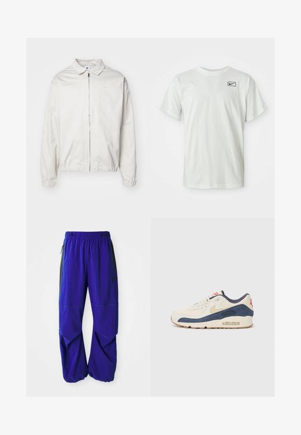 Λευκή, ελαφριά ζακέτα Nike με γιακά, μπροστινό φερμουάρ, ελαστικές μανσέτες και μικρό λογότυπο στο αριστερό στήθος. Απαλή υφή.; Λευκό βαμβακερό T-shirt με κοντά μανίκια, διαθέτοντας το ναυτικό λογότυπο της Nike κεντημένο στο αριστερό στήθος. Σταυρός κανονικού λαιμού.; Μωβ αθλητικά παντελόνια με ελαστική μέση, θήκες με φερμουάρ στο πλάι και γωνιακά πάνελ. Έχουν ματ υφή και αντίθεση με σκούρα αξεσουάρ.; Αθλητικά παπούτσια με επάνω μέρος από κρεμ δέρμα και ναυτικό σουέτ, διαθέτοντας ορατή σόλα αέρος, μπεζ καουτσούκ σόλα και κόκκινη λεπτομέρεια στη φτέρνα.